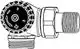 Thermostat-Ventilunterteil mit Gewindeanschluss, Winkeleck-Design. Graue Drehknopf-Einstellung für Wasserfluss. Produkt von IMI Hydronic Engineering.